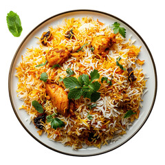 Biryani served on a plate viewed from above, featuring colorful rice, meat, and spices, professional food photo showcasing vibrant food elements, top view angle composition.