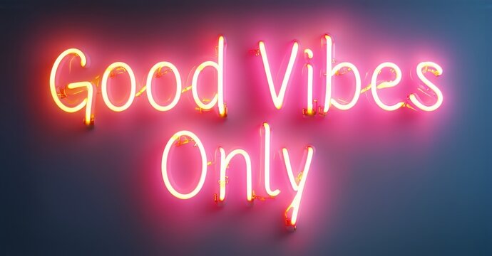 Neon light sign displaying Good Vibes Only in warm tones glowing brightly against a dark background with sleek curves and striking contrast, radiating positive energy