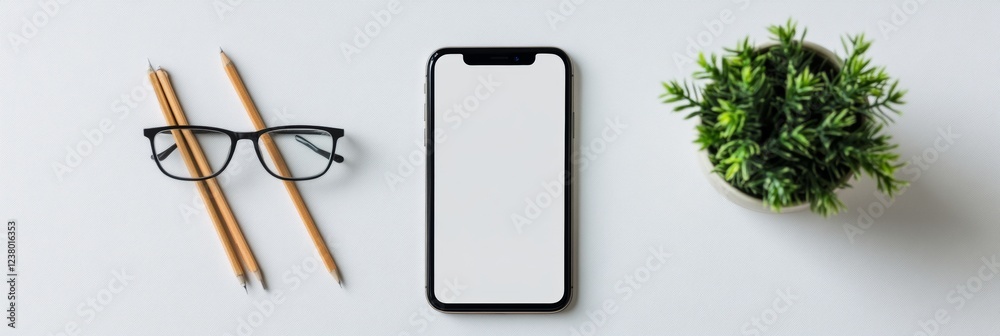 Fototapete Minimalist Tech Workspace Sleek Phone with App Mockup and Greenery on White Surface - Digital Marketing Design and Mobile App Development for User-Centric Software Interfaces