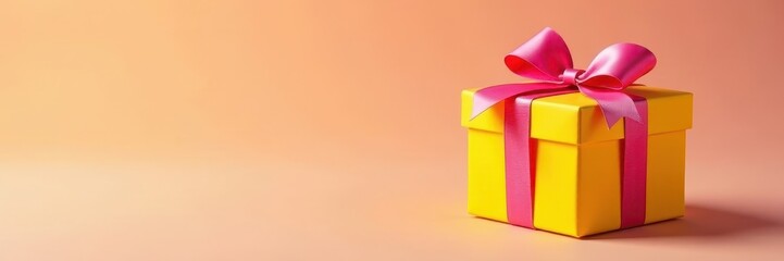 Obraz premium Bright yellow gift box, pink ribbon bow Festive celebration , cheerful, adorable