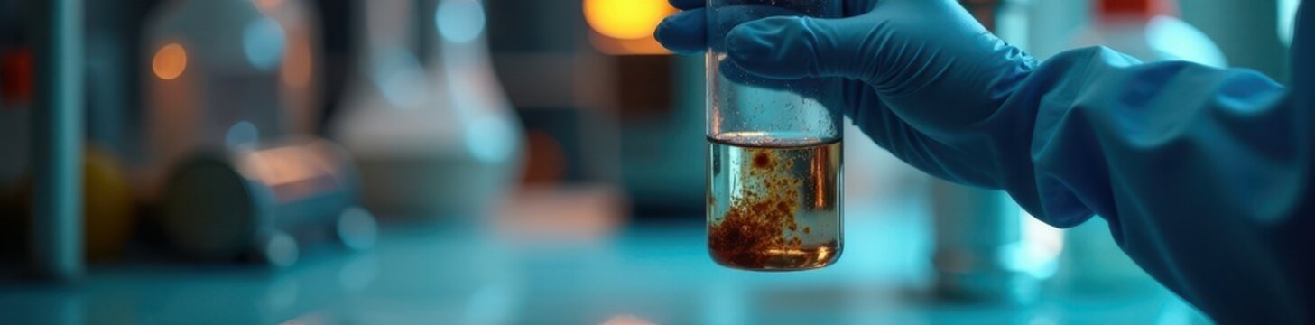 Hand in lab glove holding vial of murky water sample from industrial effluent , toxic, experiment