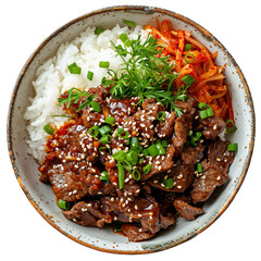 Bulgogi served on a plate with rice and vegetables, top view angle, studio photo, showcasing the vibrant colors and textures of the dish, isolated for clarity.