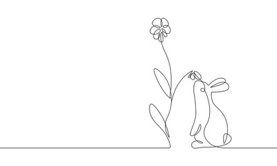 Continuous One Line Drawing of Easter Bunny with Flower. Easter Rabbit in Simple Linear Style for Spring Minimalist Design. Editable Stroke. Doodle Vector Illustration for Easter Greeting Card
