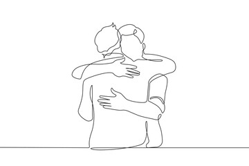 Two Men Hugs One Continuous Line Drawing. Friendship Concept in Simple Linear Style. Man Friendship Editable Stroke Doodle Vector Illustration