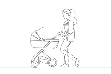 Woman Pushes a Baby Carriage One Line Vector Illustration. Continuous Single Line Drawing of Mom walking with Newborn. Happy Mother`s Day Card with Hand Drawn Contour Silhouette Outline Style