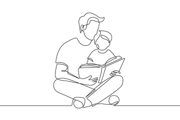 Father with Child Reading Together One Line Vector Illustration. Continuous Single Line Drawing of Dad Reading with Little Son. Happy Father`s Day Concept Hand Drawn Contour Outline Style