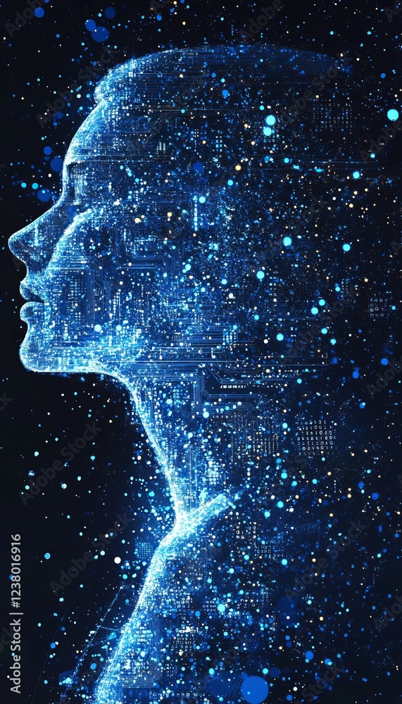Poster glowing digital mind ai profile with circuitry and binary in azure, vector illustration