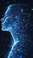 Obraz premium Glowing Digital Mind AI Profile with Circuitry and Binary in Azure, Vector Illustration