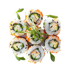 California roll arranged aesthetically on a plate, top view presentation, vibrant colors, professional food photo, restaurant style presentation.