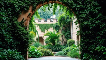 Lush greenery fills a grand arched doorway leading into the hidden garden within the historic palace walls, mystique, ornate details