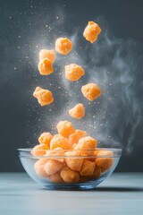 Vibrant Snack Dynamic Capture of Airy Cheese Puffs in Clear Glass Bowl - Ready for Social Media Engagement and Snack Brand Marketing