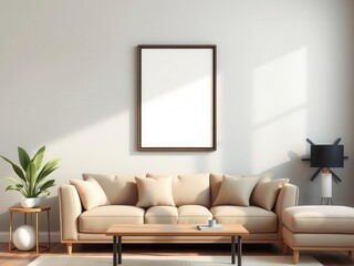 Fototapeta premium A mockup of a living room wall art with a frame that can be customized with any image or design, adding a personal touch to home decor, creative, blank, customizable