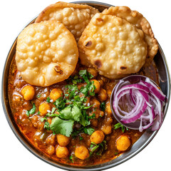Chole Bhature served on a plate from a top view, showcasing the traditional Indian dish with rich colors and textures, professional food photography.
