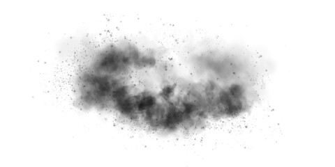 Fantastic black smoke background. Black spice powder explosion, spice splash, Magic smoke with glitter and small particles, fog with glowing particles, black steam. PNG.