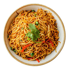 Chow Mein in a white bowl viewed from the top, showcasing the intricate noodles and colorful vegetables, photographed against a plain background for clarity.