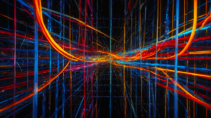 Vibrant light trails weave through a futuristic tunnel filled with glowing colors and digital patterns