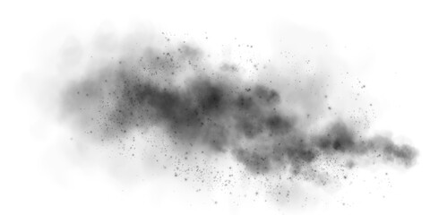 Fantastic black smoke background. Black spice powder explosion, spice splash, Magic smoke with glitter and small particles, fog with glowing particles, black steam. PNG.