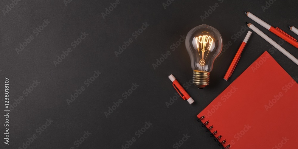 Poster minimalist desk creativity illuminated edison bulb on matte black surface with red stationery - insp
