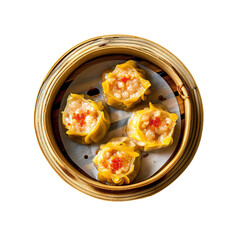 Dim sum platter presented in a top view layout, showcasing various dumplings and rolls, professional food photo with an isolated background.