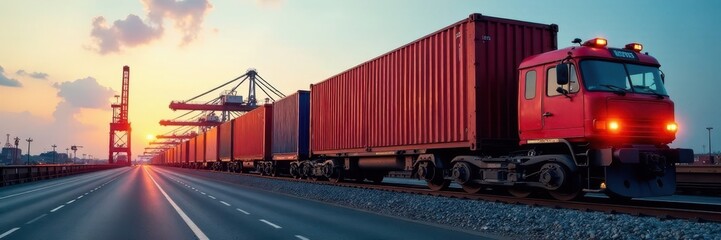 Obraz premium Loaded shipping container on freight train at a port , global trade, delivery