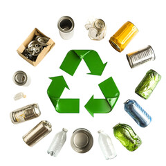 recycling symbol surrounded by various recyclable items like cans, paper, and glass bottles on a white background 