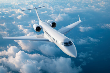 Luxurious private jet flying above fluffy clouds with clear blue sky travel concept aviation freedom journey
