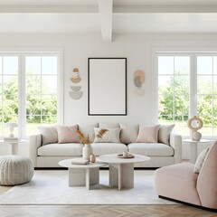 Frame mockup, ISO A paper size. Living room wall poster mockup. Interior mockup with house background. Modern interior design. 3D render