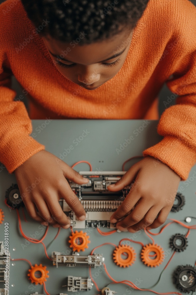 Poster Playful STEM Exploration Close-up of Young Childs Hands Engaging in Robotic Programming - Creative Learning with Colorful Parts for Modern Educational Technology and Youth Development