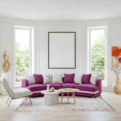 Fototapeta premium Frame mockup, ISO A paper size. Living room wall poster mockup. Interior mockup with house background. Modern interior design. 3D render