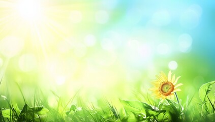 Obraz premium Sunny day, single sunflower in vibrant green grass with bokeh background.