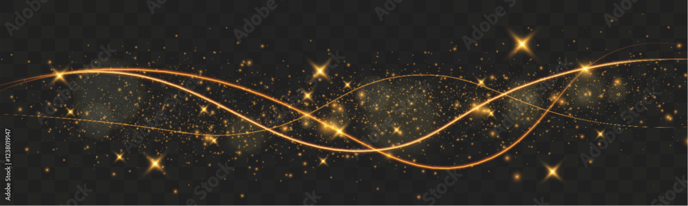 Poster light sparkle glitter shine glow with golden wavy light trails, glowing particles, and sparkling eff