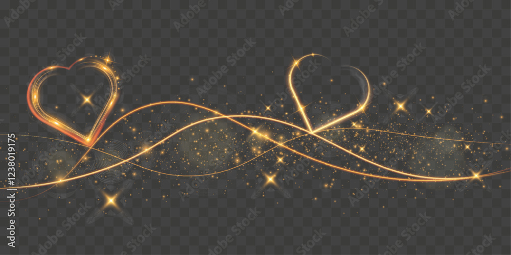 Poster golden glowing heart shapes, light trails in a dark background. romantic valentine’s day design elem