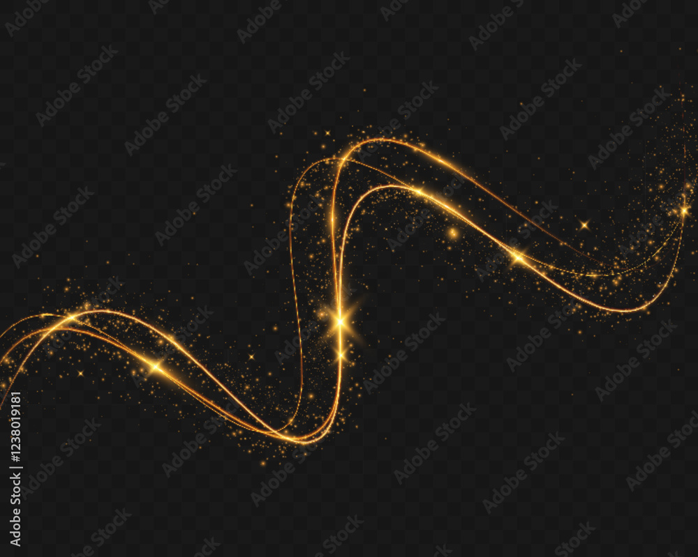 Poster light sparkle glitter shine glow with golden wavy light trails, glowing particles, and sparkling eff