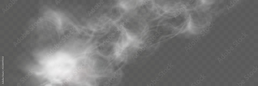 Poster realistic white smoke or mist effect with soft, swirling patterns on a transparent background. perfe