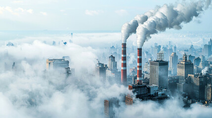 Dramatic fog enveloping industrial smokestacks in city skyline creates mysterious atmosphere. thick smoke contrasts with urban landscape, evoking sense of industrial power