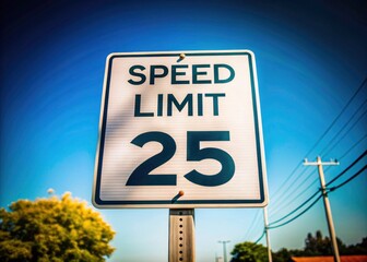 Geometric 25 mph speed limit sign.  Minimalist highway photography emphasizes road safety.