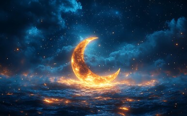Fototapeta premium Radiant Crescent Moon in a Starry Night Sky