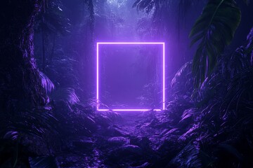 Glowing purple neon square frame in a dark, mysterious jungle path.
