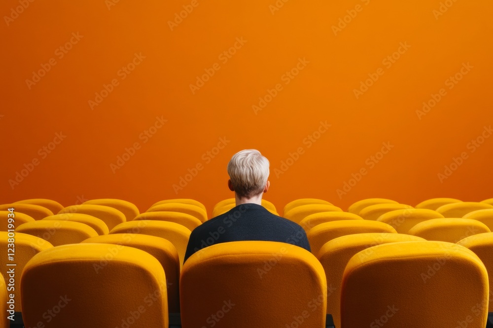 Poster monochrome minimalism orange auditorium seating with solo figure - contemporary seminar setup enhanc