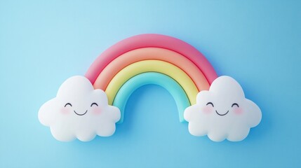 Happy rainbow with a tiny smiling cloud on both ends, isolated on white