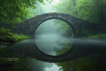 Misty stone bridge reflected in serene forest river with lush greenery