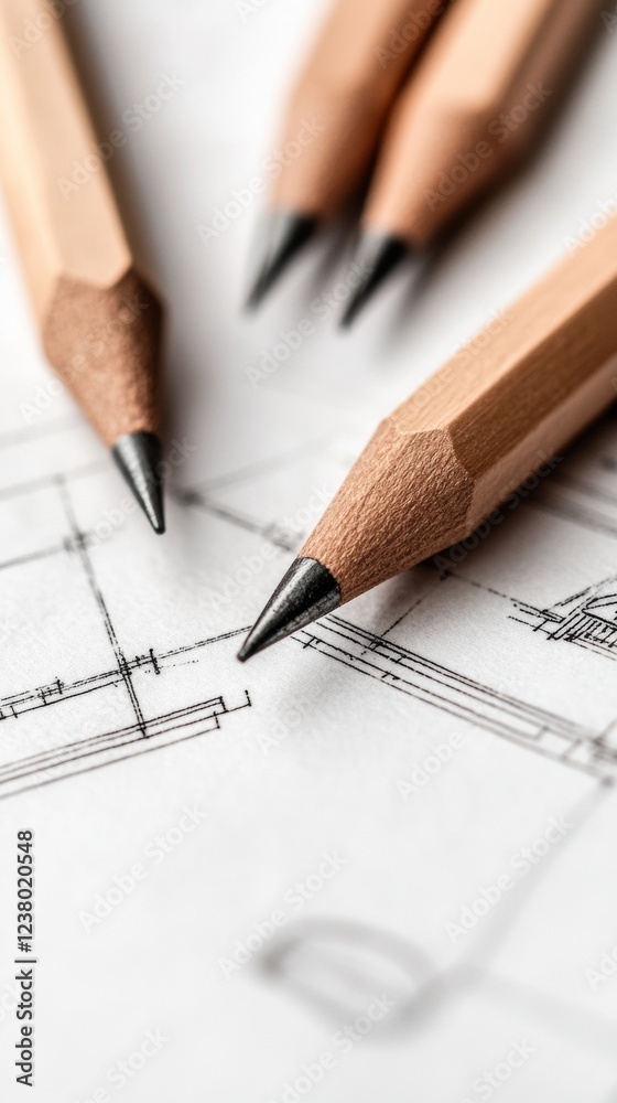 Leinwandbilder precision design tools on detailed blueprint modern wooden pencils and architectural drafting - engi