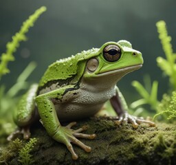 Macro shot of Italian tree frog blending with algae, wildlife close-up, hidden, ecosystem