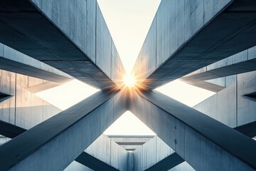 Fototapeta premium Modern architectural structure with sunlight through geometric concrete beams