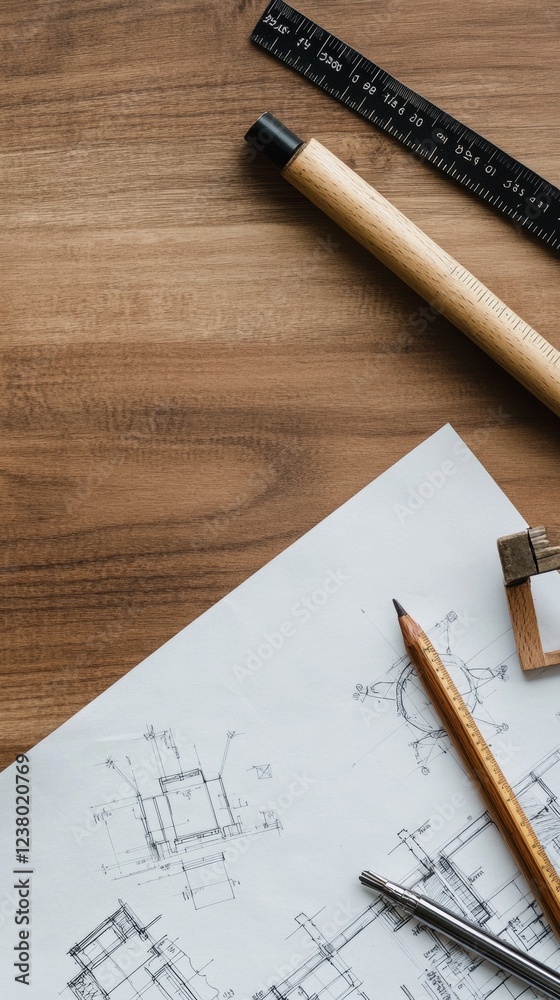 Leinwandbilder modern industrial design technical blueprint and architectural tools on wooden surface - precision e