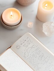 Zodiac-Inspired Cozy Interior Marble Notebook with Handwritten Horoscope, Lit Candles, and Crystal Decor for Spiritual Wellness and Esoteric Home Design Inspiration