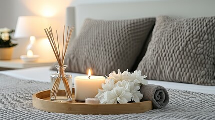 Relax in a tranquil spa environment featuring a reed diffuser, lit candles, and elegant flowers on a wooden tray in a stylish bathroom