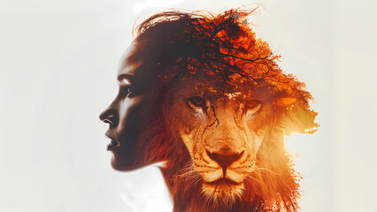 Double exposure of a woman and a lion with a fiery effect