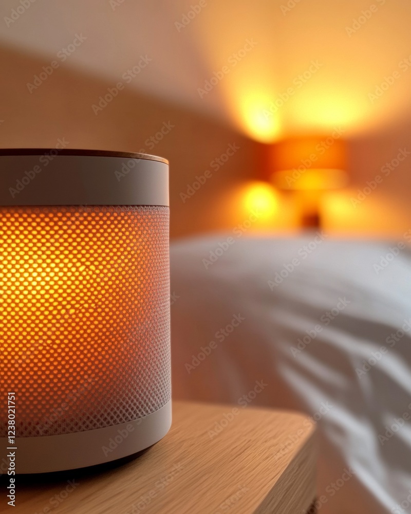 Poster warm-tech bedroom ai-driven smart speaker on wooden bedside - enhancing nighttime routines and welln