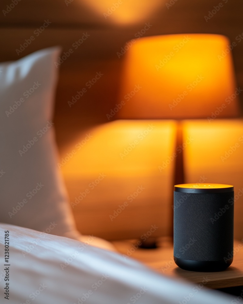 Aufkleber scandinavian smart speaker setup in a cozy bedroom ai-driven nighttime routine enhancement with wood